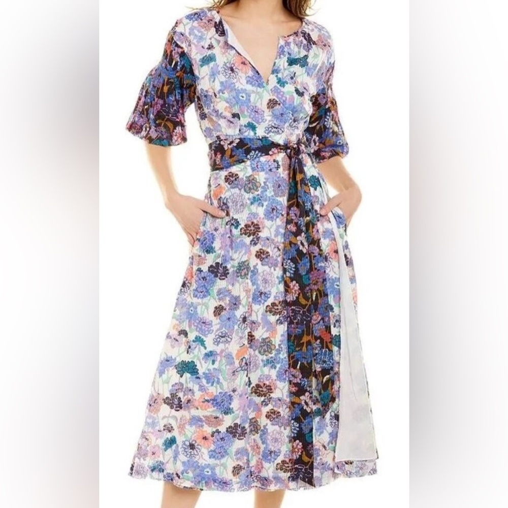 Tanya Taylor Frida Tie Waist Mixed Meadow Blue Floral Wrap Midi Dress MMINY Sz 8